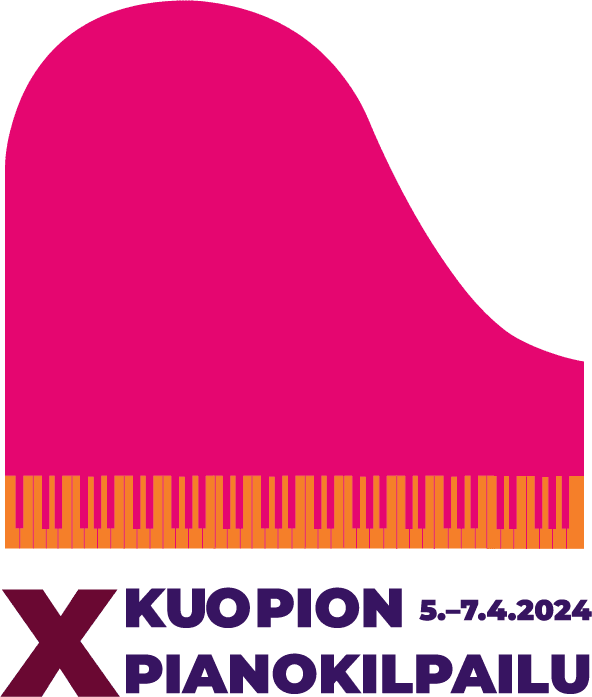 Pinkki tyylitelty flyygeli, jonka koskettimet ovat oranssit. Alla teksti Kuopion X pianokilapilu 5.-7.4.2024.